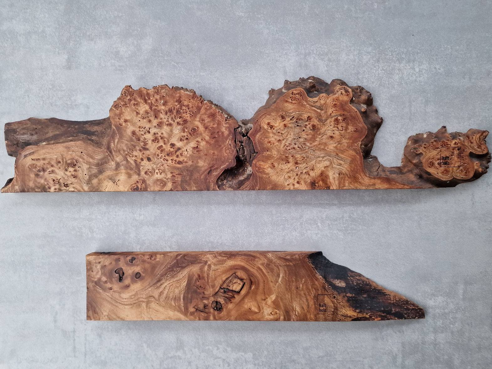 2 Messerhalter in ihrer natürlichen Form aus Maserulme.