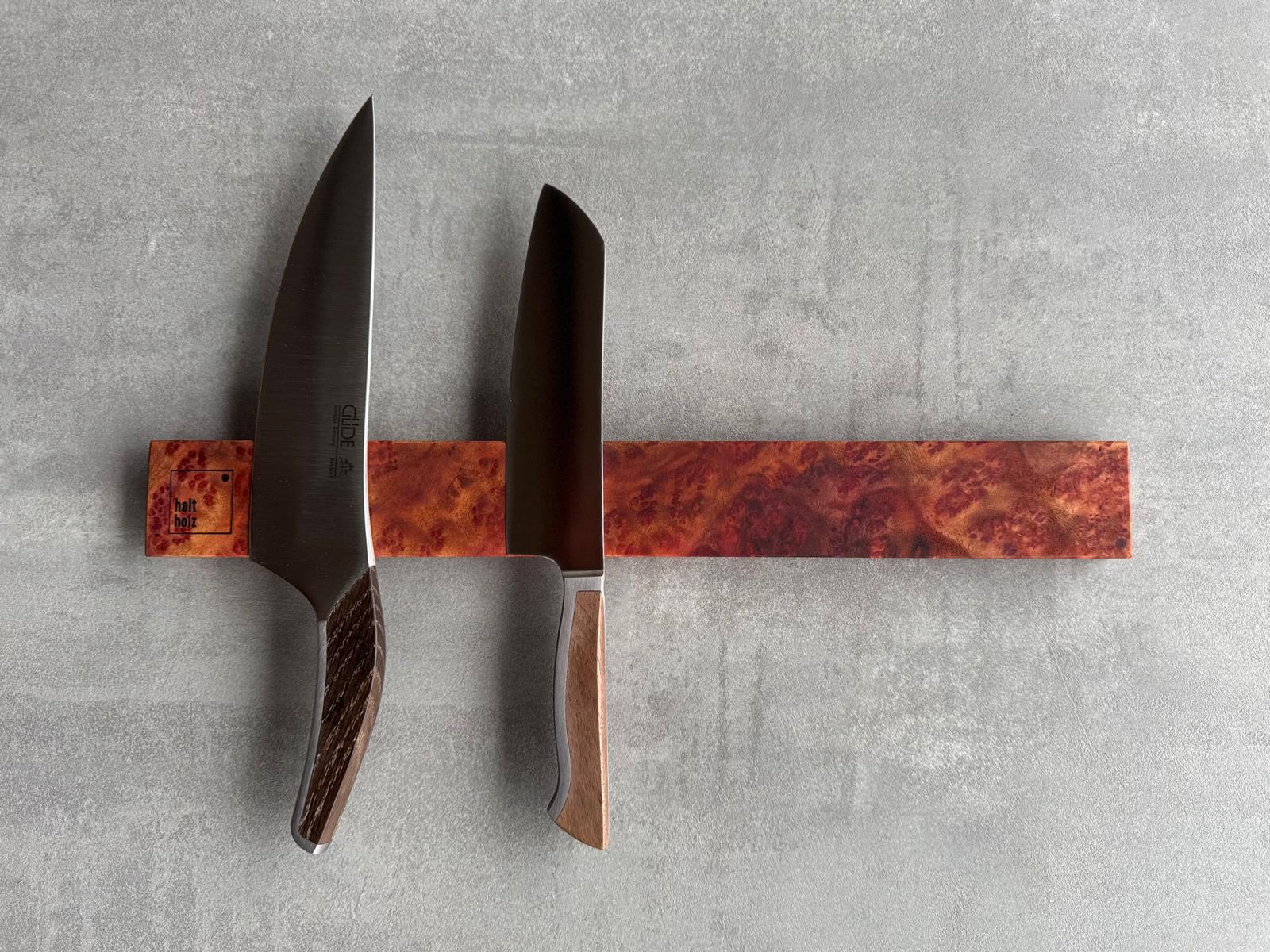 Messerhalter aus Kampfer für 6 Messer, magnetisch #1611 - Spessartbrett. Mit Güde Kochmesser.