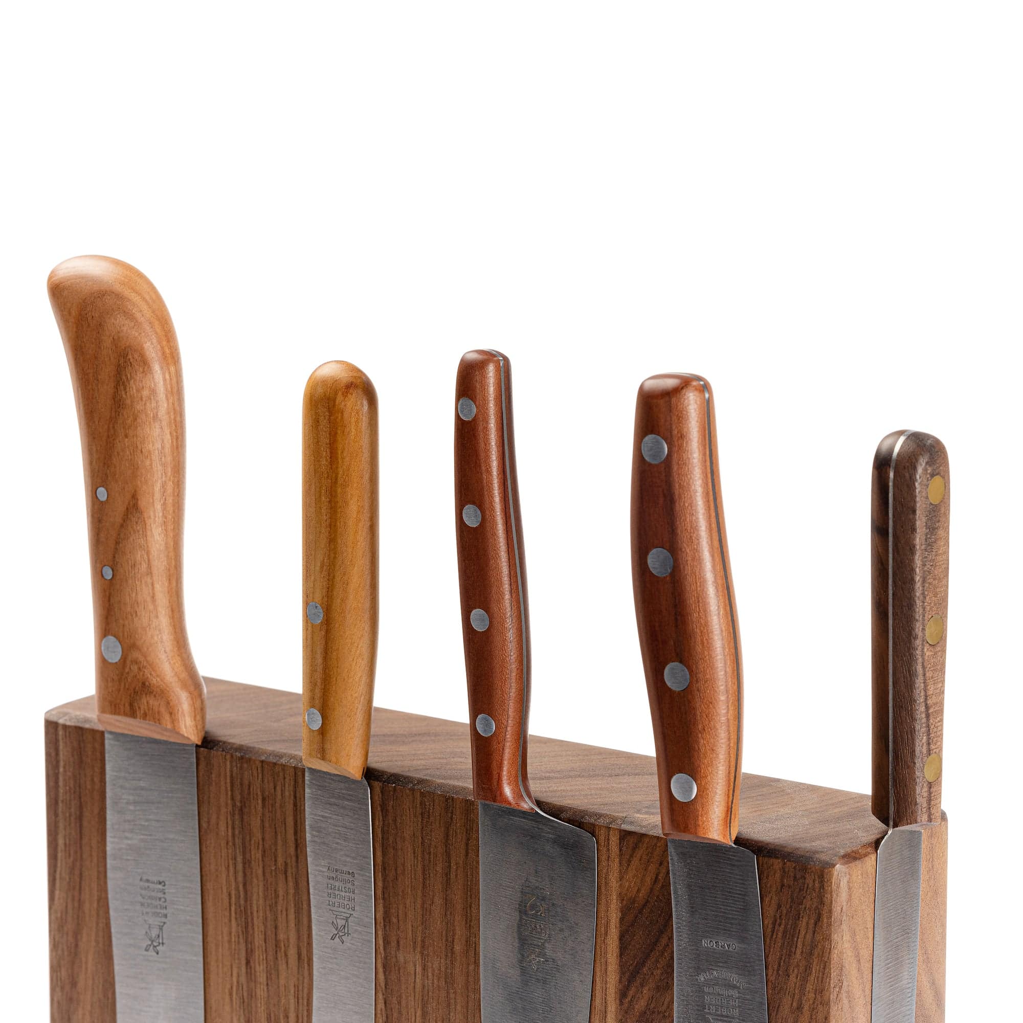 Nussbaum Messerblock von oben 5 Kochmessern.