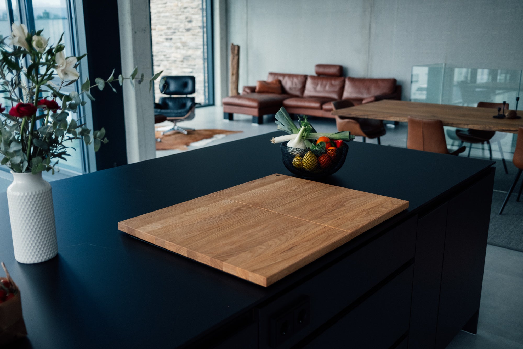 Zweiteilige Ceranfeldabdeckung / Herdabdeckung, ohne Anschlagleiste, Eiche - Spessartbrett