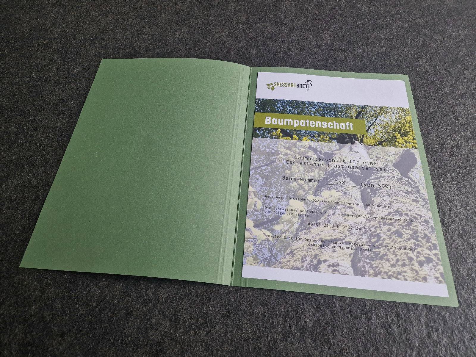 Offene Mappe mit Urkunde für Esskastanie Baumpatenschaft im Spessart.