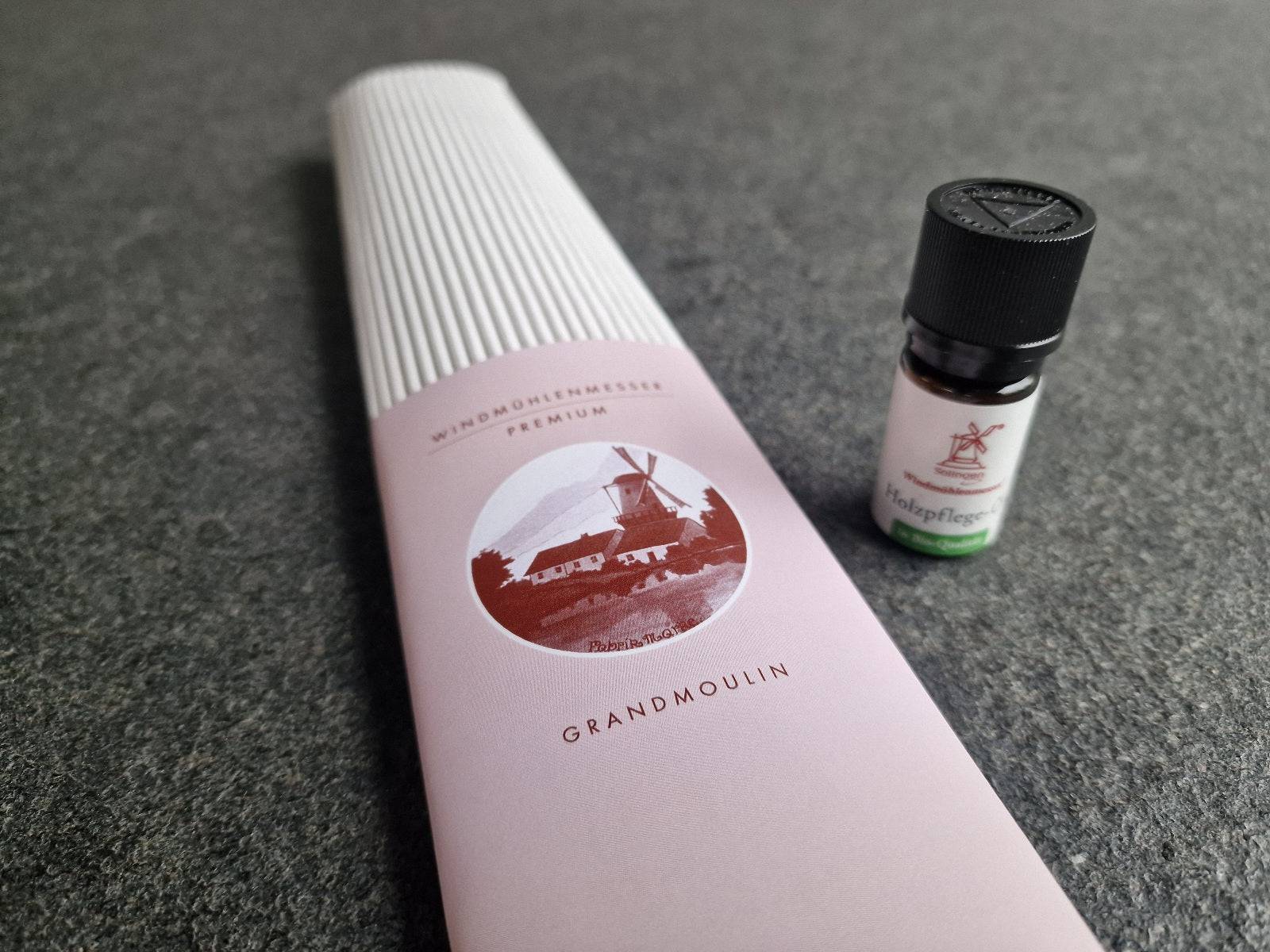 Brotmesser Grand Moulin Verpackung mit Schild und Holzpflegeöl von Windmühlnmesser