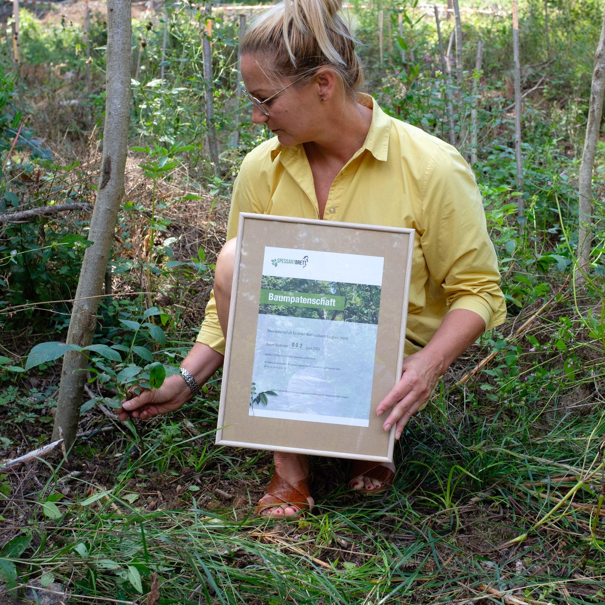 Eine Frau im Wald hĂ€lt eine Urkunde ĂŒber eine Baumpatenschaft in der Hand.