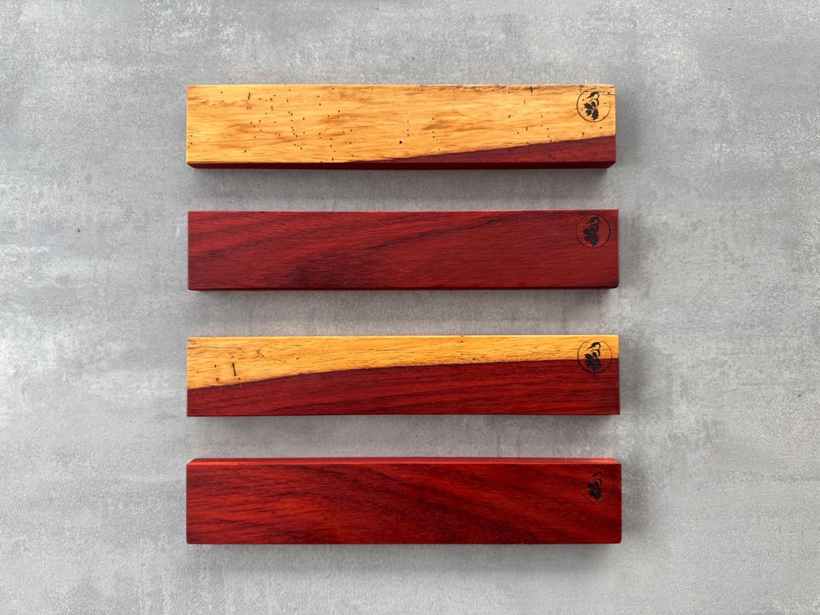 4 verschieden Magnet Messerleisten für die Wand für 6 Kochmesser. Aus Padouk Edelholz.